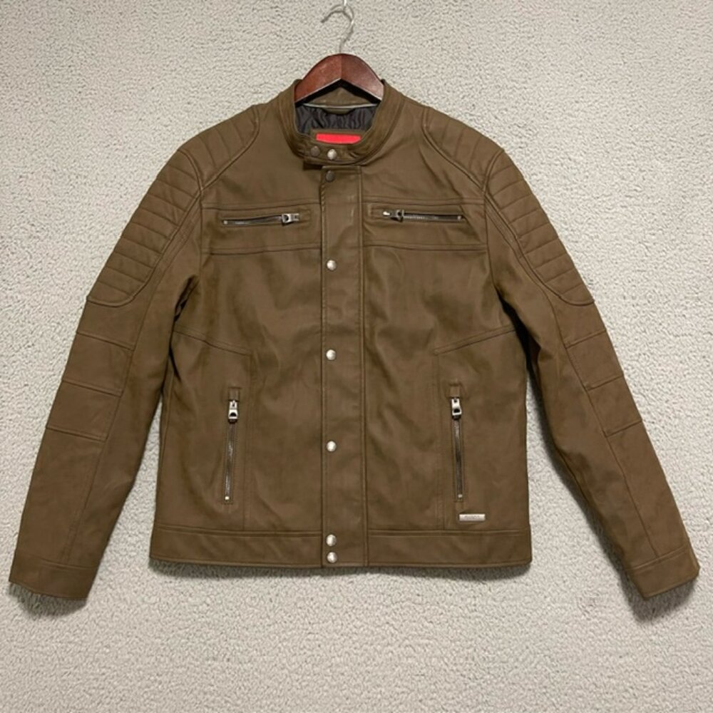 Guess Faux Leather Jacket Mens Size Large Brown Biker Style Stylish Fashion Cool